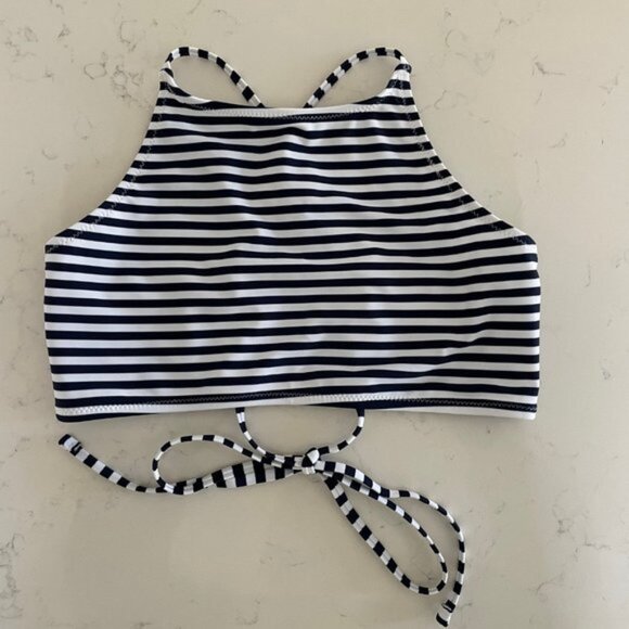 Shekini High Neck Lace Up Back Striped 2 Piece Bikini Set Navy   White Sz L NWOT - Picture 3 of 12